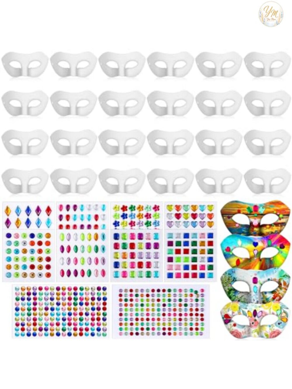 96 Pack Paper Mache Masquerade Masks with Gem Stickers DIY Craft